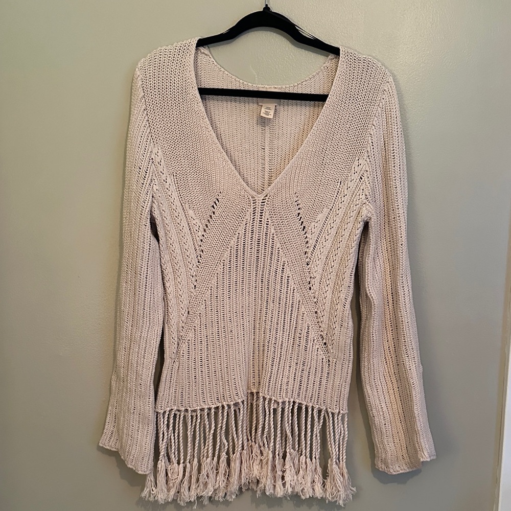 H&M Beige V-Neck Sweater with Fringe